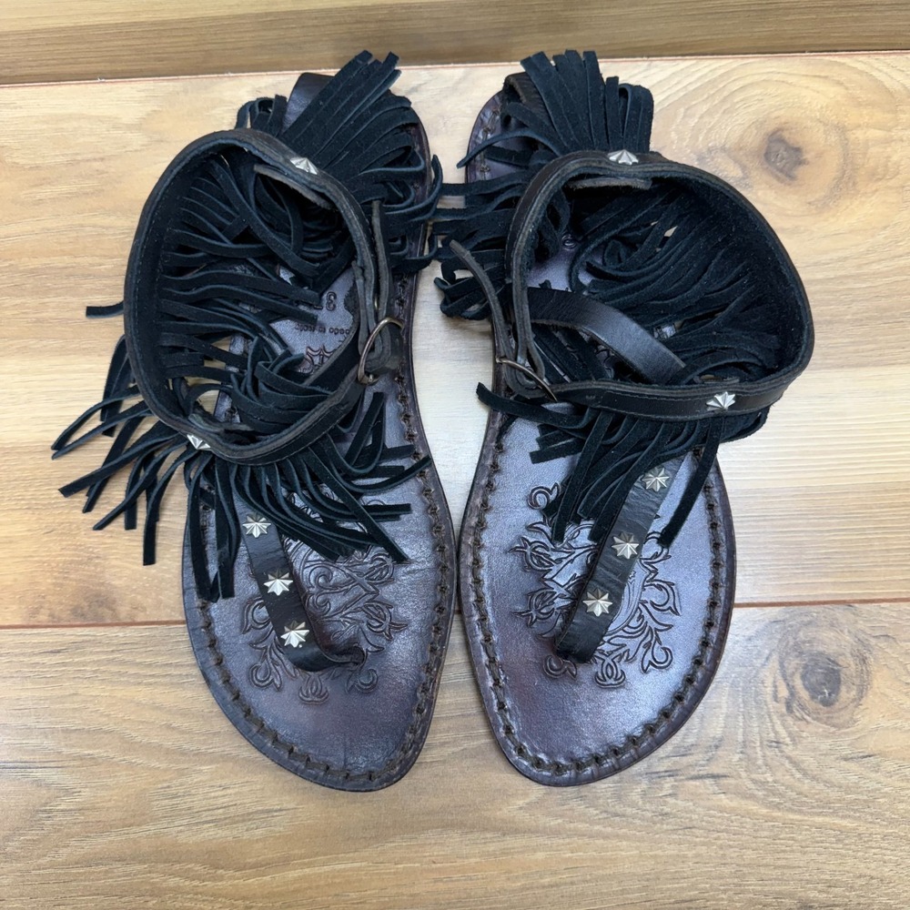 El Campero‎ Fringe Sandals Womens 7 EU 37 T Strap Ankle Strap Studs ITALY Black